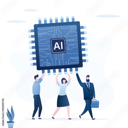 Group of employees holds and use chip with AI to help work. Embrace AI, Artificial Intelligence adoption, revolution to change business. Business team carries AI processing chip.