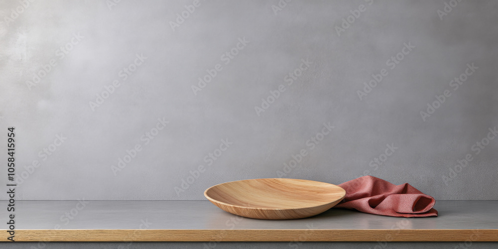Wooden bowl on a minimalist kitchen counter with a cloth napkin in a modern space Wooden bowl on a minimalist kitchen counter with a cloth napkin in a modern space