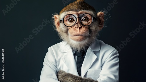 A male monkey dressed in a white coat and black tie poses with a stylish demeanor, offering a unique visual that emphasizes the playful elegance of the monkey in a creative setting. photo