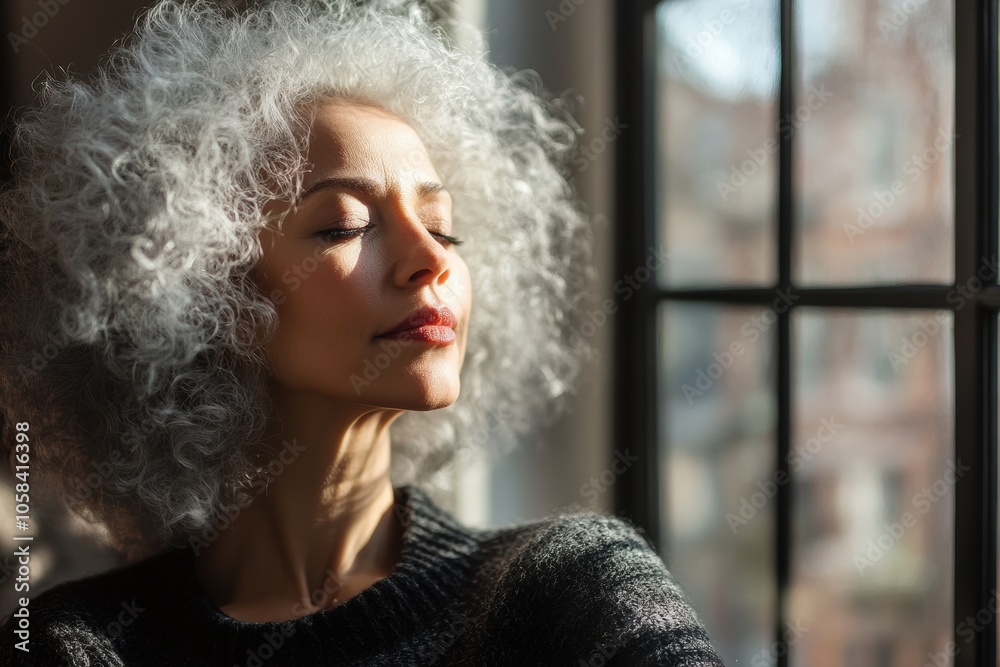 A serene portrait of a woman with silver curls sits calmly with closed eyes, reflecting a moment