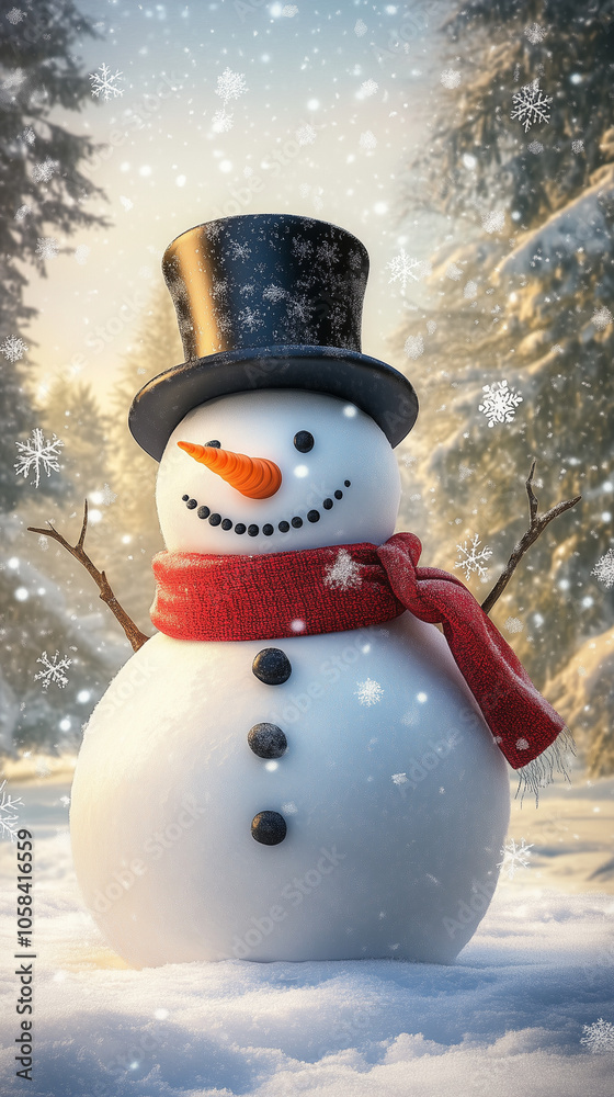 Fototapeta premium Cheerful snowman with red scarf and top hat in snowy forest