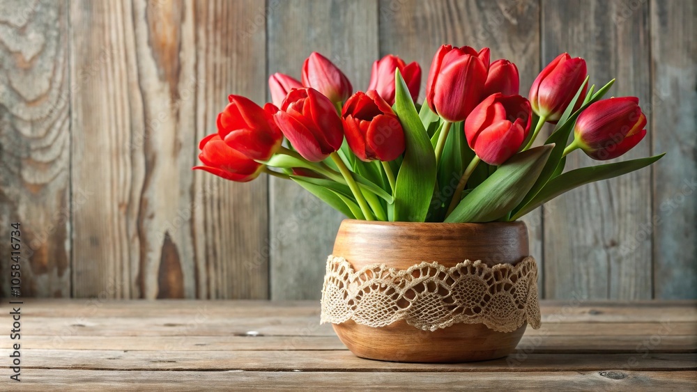 Red tulips arranged in a delicate wooden vase with lace overlay, special day, petals, flowers, home decor, beauty Red tulips arranged in a delicate wooden vase with lace overlay, special day, petals, flowers, home decor, beauty