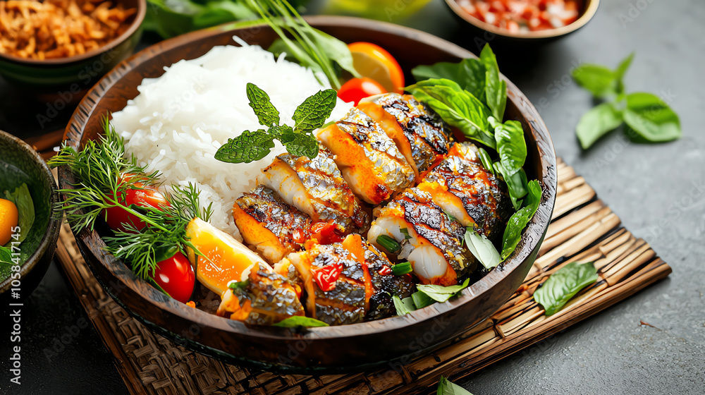 Delight in vietnamese grilled fish with turmeric and dill served with fragrant rice and fresh herbs Delight in vietnamese grilled fish with turmeric and dill served with fragrant rice and fresh herbs
