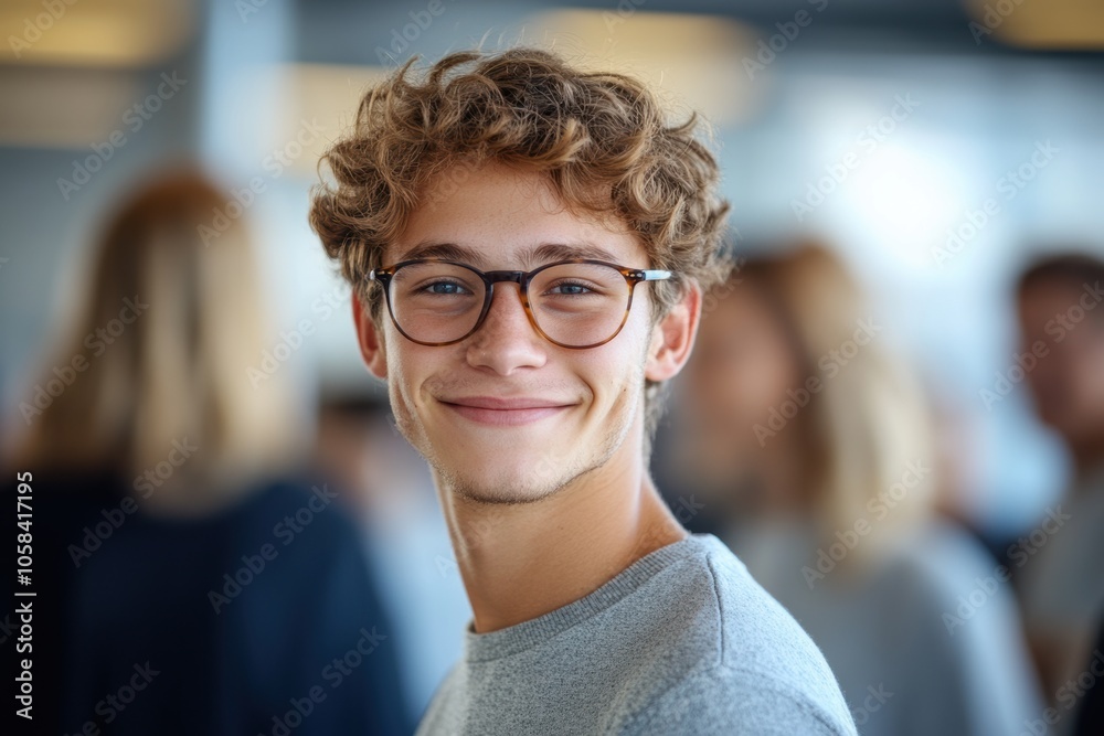 A smiling young man wearing glasses is the focus of the image, standing confidently A smiling young man wearing glasses is the focus of the image, standing confidently