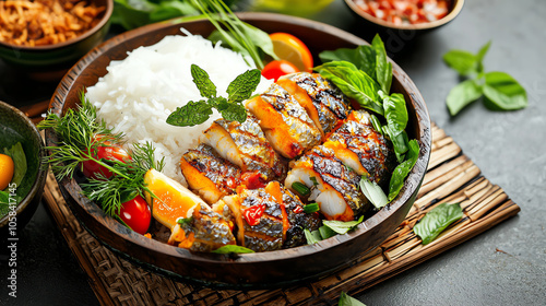 Delight in vietnamese grilled fish with turmeric and dill served with fragrant rice and fresh herbs