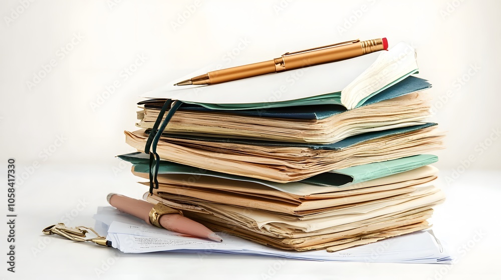 Organized stacks of paperwork and stationery items