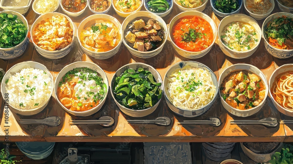 Fototapeta premium Variety of Asian Dishes in Bowls