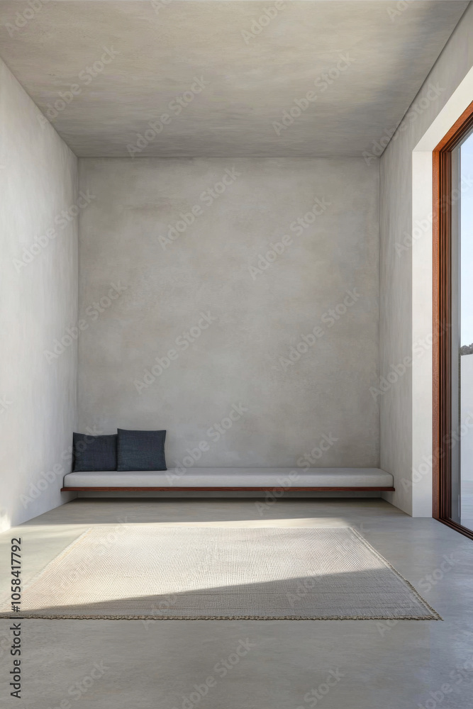 Minimalist interior design featuring a serene seating area with natural light in a modern space Minimalist interior design featuring a serene seating area with natural light in a modern space