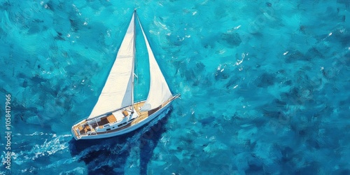 A sailboat featuring white sails glides gracefully over a bright blue ocean, showcasing the beauty of the contrasting colors of the sea and the boats sails.
