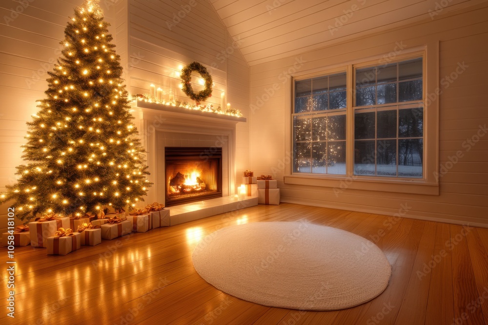 A cozy Christmas living room featuring a beautifully decorated tree, warm fireplace, and glowing holiday lights. A cozy Christmas living room featuring a beautifully decorated tree, warm fireplace, and glowing holiday lights.
