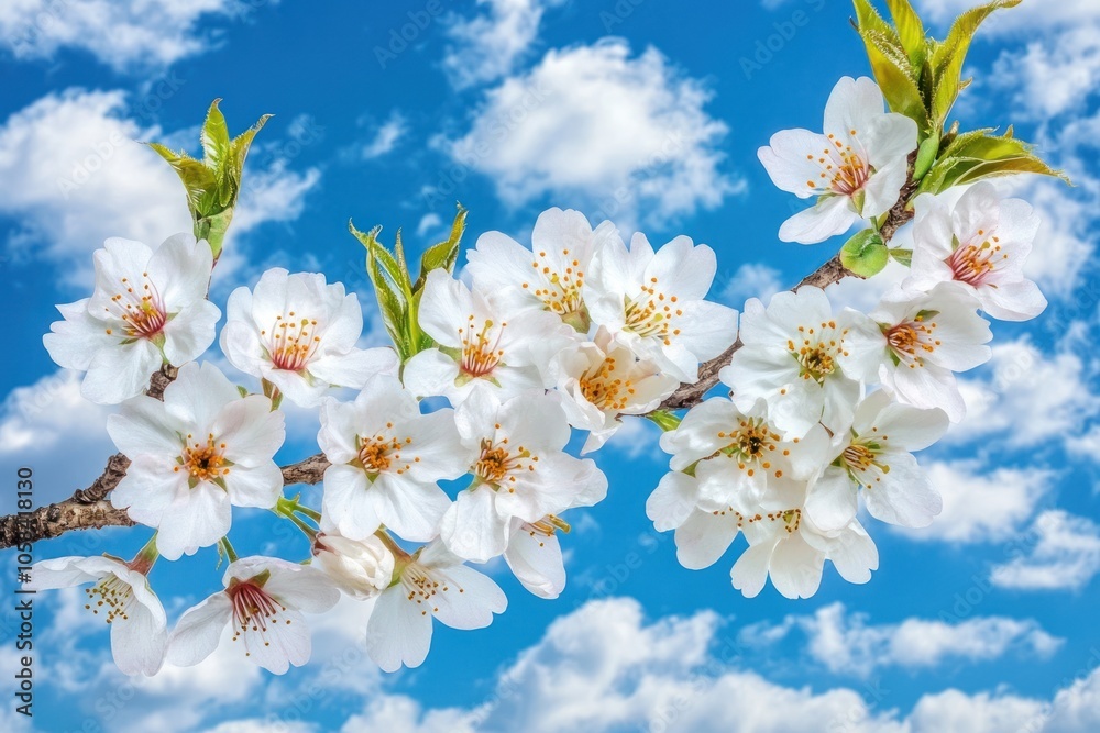 A branch of white cherry blossoms against a blue sky with fluffy clouds.