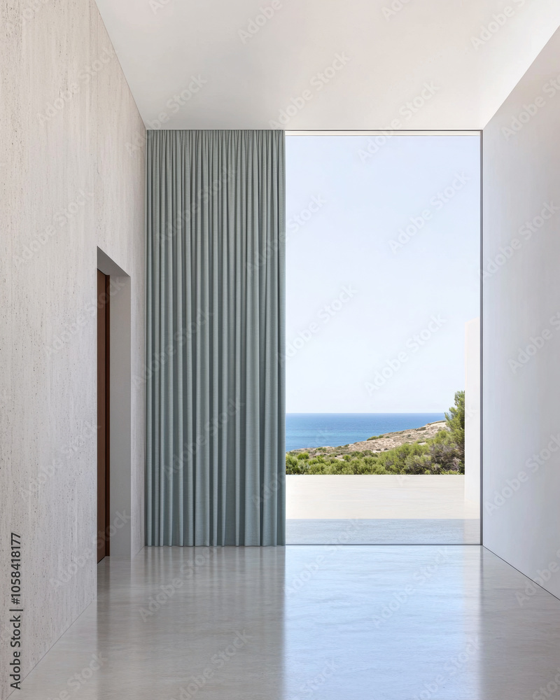 Obraz premium Modern interior view with sea horizon and soft curtains in a serene coastal setting