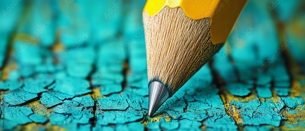 Yellow Pencil on Cracked Turquoise Paint. Yellow Pencil on Cracked Turquoise Paint.