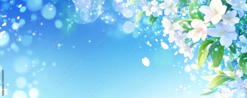 Obraz premium A serene blue background adorned with delicate white flowers and sparkling light effects.