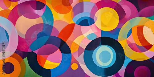 Contemporary geometric aesthetic artwork features an abstract background characterized by vibrant circular gradients of bright colors, creating a lively and dynamic visual experience.