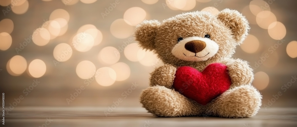 Fototapeta premium Teddy Bear Holding Red Heart with Bokeh Background.