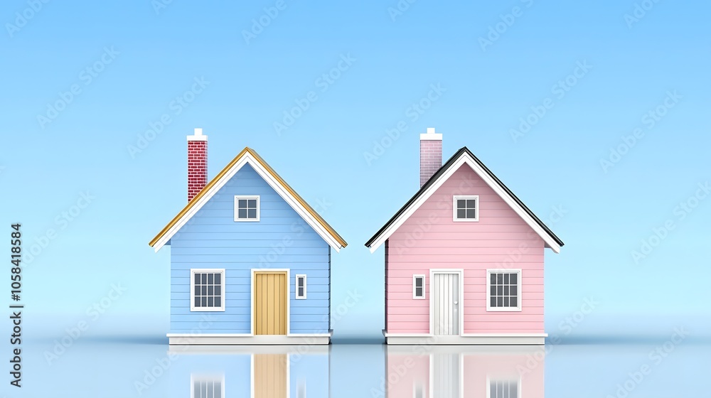 Charming blue and pink houses under a clear sky Charming blue and pink houses under a clear sky