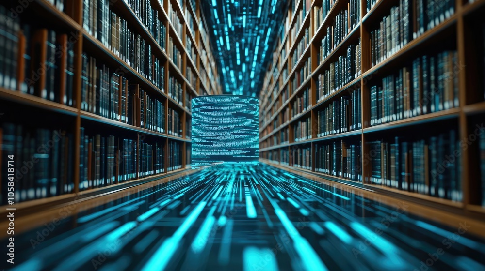 Futuristic library with digital data streams and shelves of books. Futuristic library with digital data streams and shelves of books.