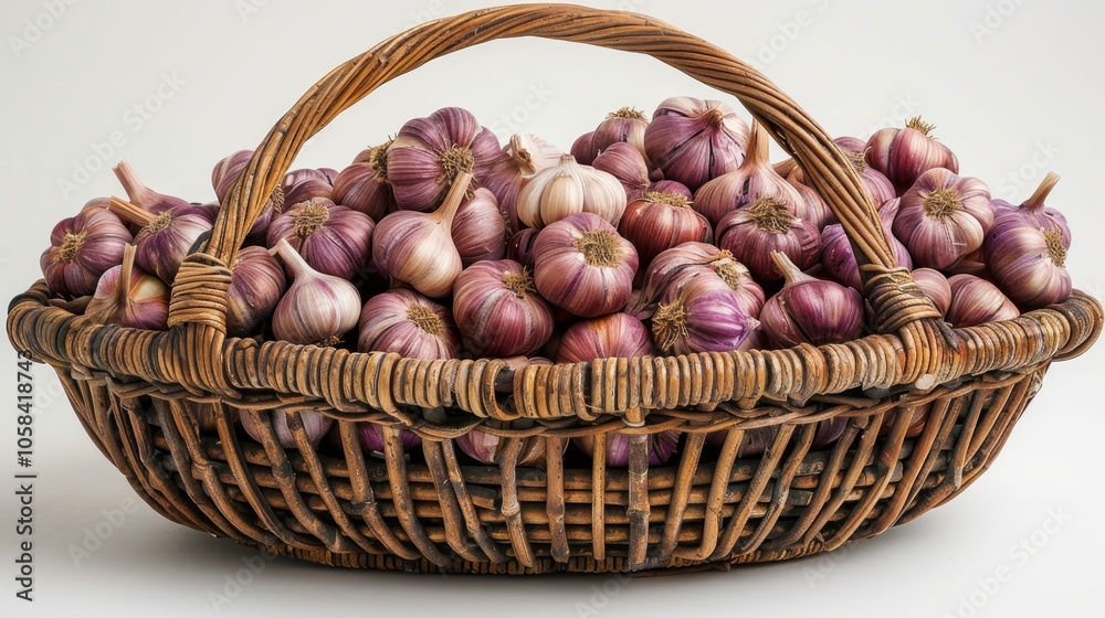 A wicker basket filled with fresh garlic cloves. A wicker basket filled with fresh garlic cloves.