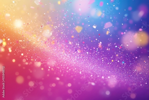 A vibrant burst of multicolored confetti particles against a gradient background, creating a festive