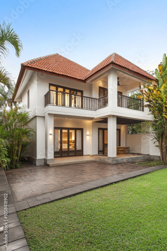 Modern two-story house with a garden in a tropical setting during early evening hours