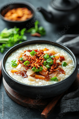 Delight in vietnamese chao a comforting rice porridge topped with scallions and crunchy fried shallots photo