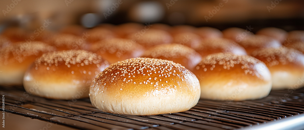 Freshly Baked Sesame Seed Buns on Cooling Rack. Freshly Baked Sesame Seed Buns on Cooling Rack.