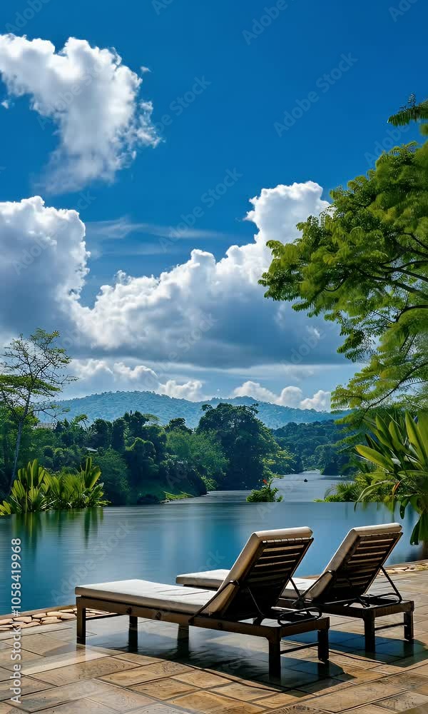 View of a swimming pool with sunbeds and umbrellas on the deck overlooking green trees river blue sky, a sunny day, a beautiful natural scenery, View of a swimming pool with sunbeds and umbrellas on the deck overlooking green trees river blue sky, a sunny day, a beautiful natural scenery,
