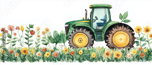 Green Tractor in a Field of Flowers.