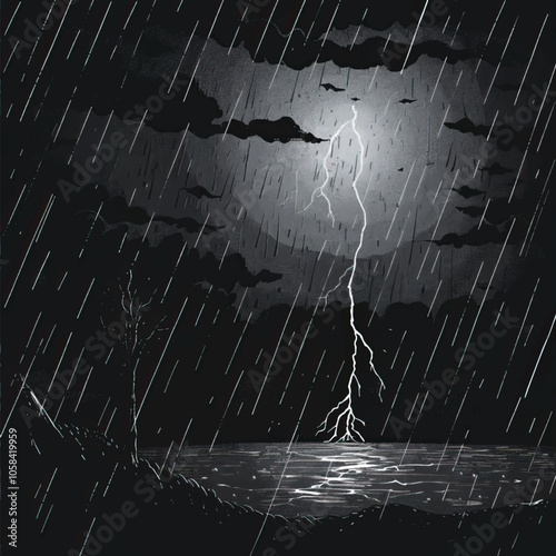 A rainstorm with distant lightning. silhouette illustration