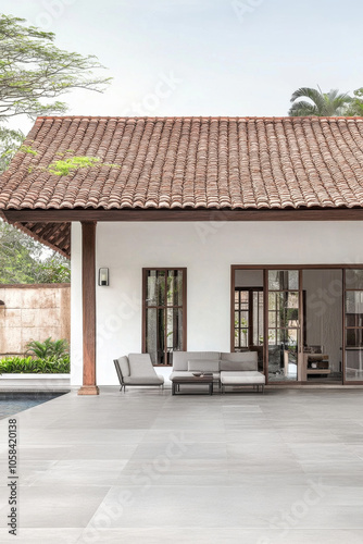 Modern outdoor living area with seating near a pool in a serene tropical setting