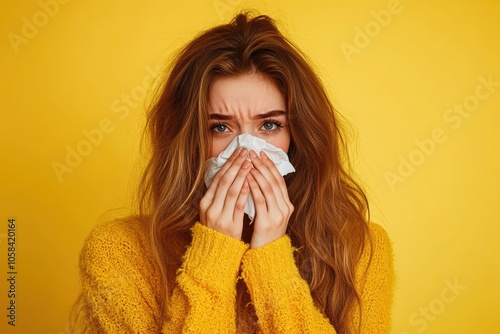 A young woman blowing her nose with a tissue, suffering from allergy symptoms