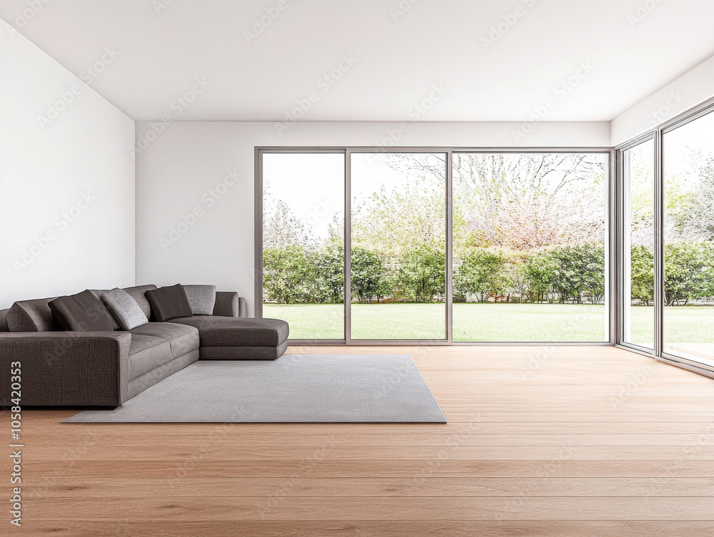 Fototapeta premium Modern living room with large windows offering a view of a serene garden