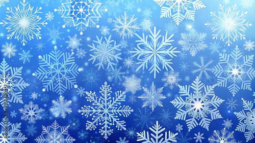 Festive snowflake design with white snowflakes on a blue gradient backdrop, cheerful and airy