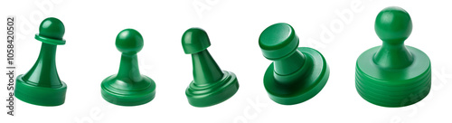 Set of green game pieces, isolated on white background for board games or tabletop gaming.