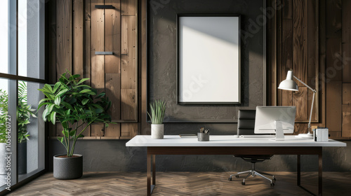 3D Modern office Frame mockup layout design furniture décor space inspiration