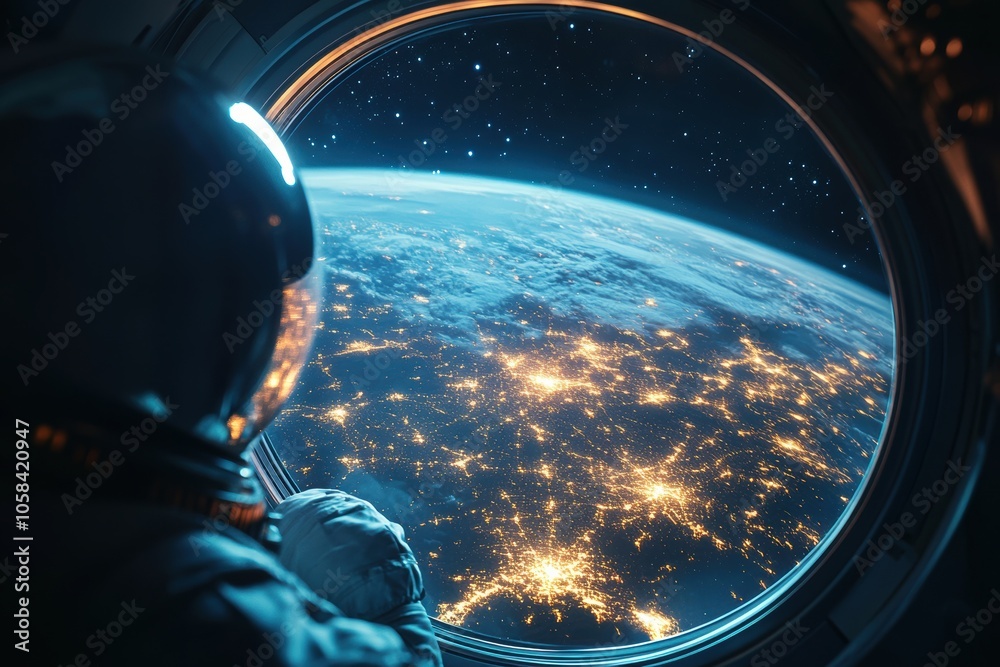 An astronaut gazing out of a spacecraft window at the Earth below. The planet is illuminated An astronaut gazing out of a spacecraft window at the Earth below. The planet is illuminated
