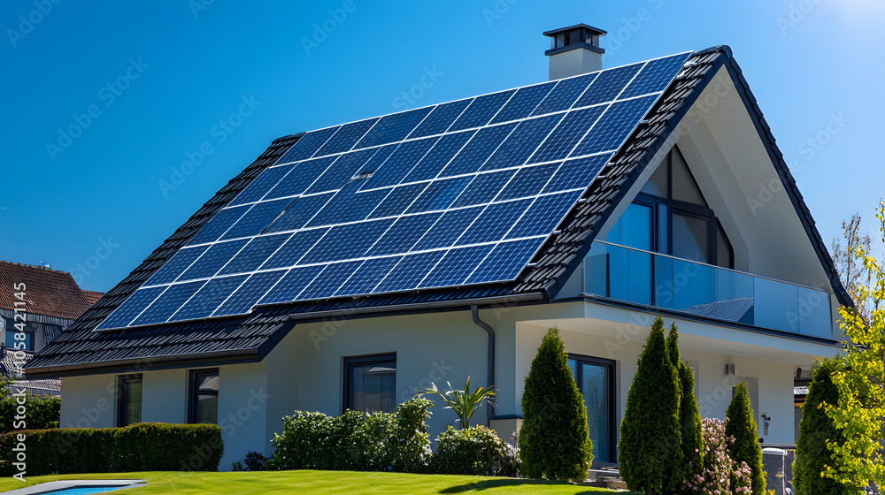 Einfamilienhaus mit Solarpanelen und gepflegtem Garten Einfamilienhaus mit Solarpanelen und gepflegtem Garten