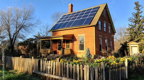 Rustikales Landhaus mit Solarpanelen und traditionellem Bauerngarten photo