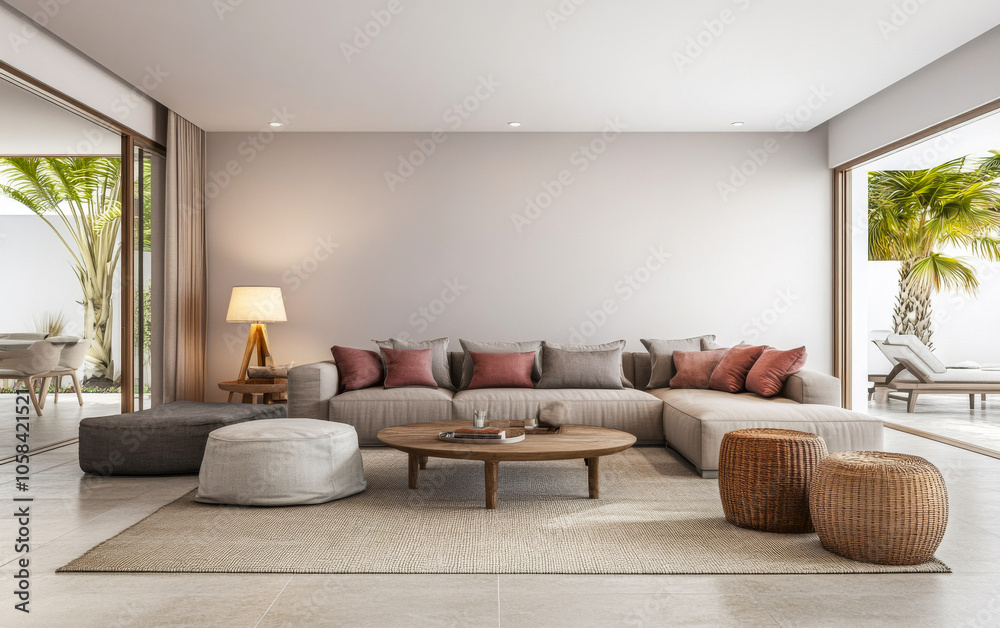 Modern living room with cozy seating and natural light in a tropical setting Modern living room with cozy seating and natural light in a tropical setting