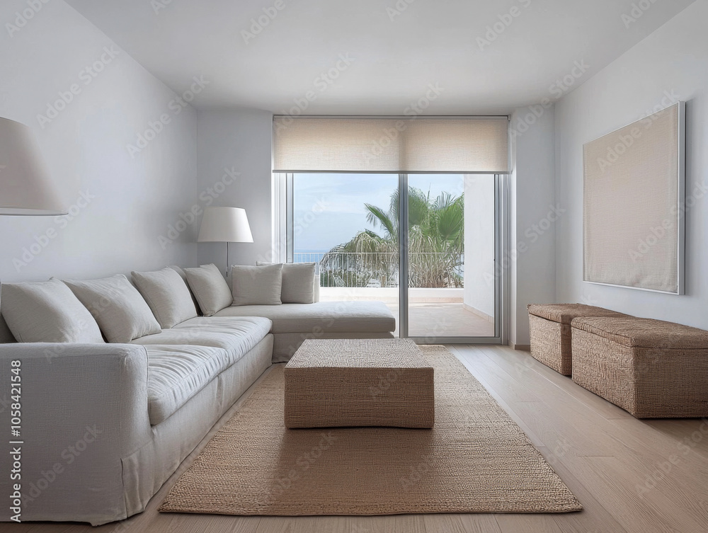 Fototapeta premium Modern minimalist living room with ocean view and natural light during the day