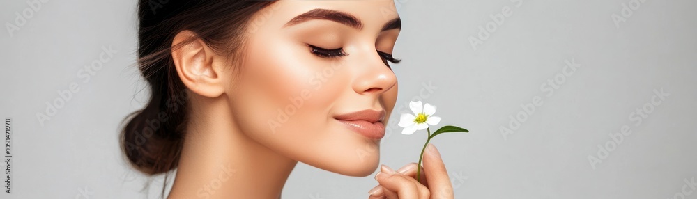 A woman gently holds a flower near her face, showcasing beauty and serenity. A woman gently holds a flower near her face, showcasing beauty and serenity.