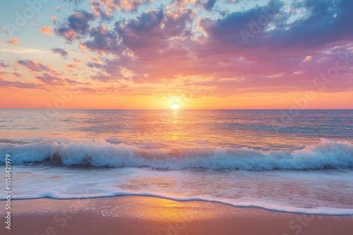 A beautiful sunrise over a calm ocean with gentle waves and colorful clouds reflecting the dawn's first light, capturing the peaceful and serene start to a new day by the sea.