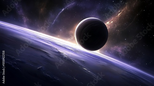 A distant planet with a ring system in space, perfect for science fiction and space exploration themes