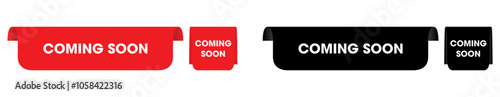 Coming soon tag sticker. red label for new upcoming product. transparent png and vector illustration.