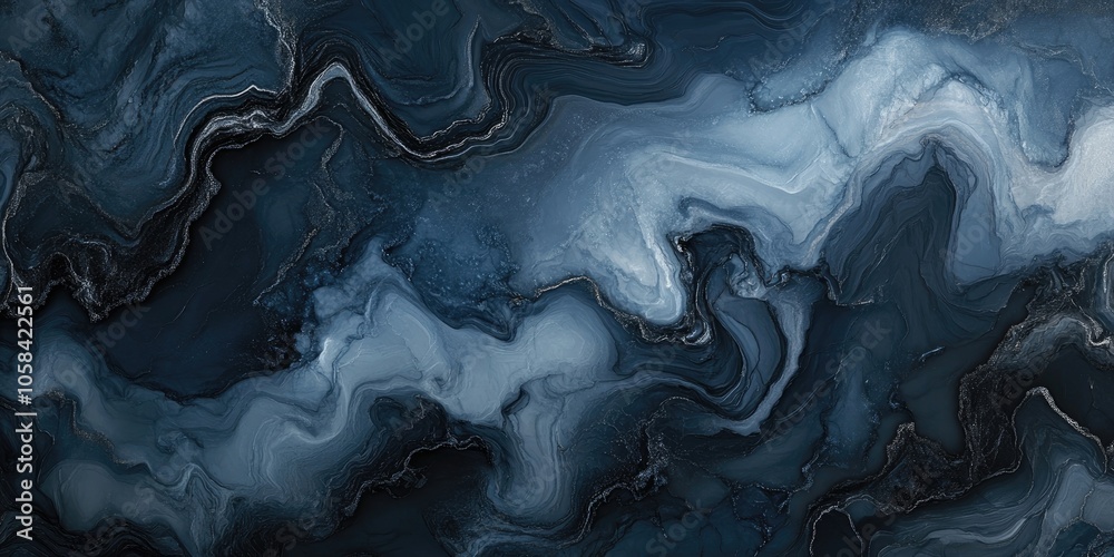 A luxurious abstract background texture featuring a dark blue grey ombre shimmer, resembling painted silk satin marble with art deco pearlescent qualities.