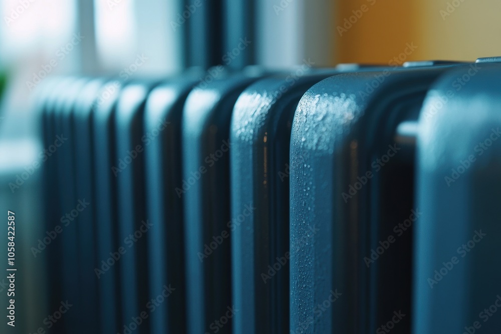 Closeup of a modern radiator, thermal central heating system with water that provides warmth Closeup of a modern radiator, thermal central heating system with water that provides warmth