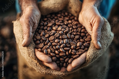 Closeup, hands and person holding coffee beans from farming, agriculture and environment