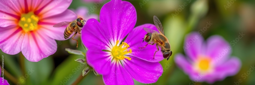 Fototapeta premium Large bee fly bombyliu major collecting nectar from a vibrant primrose flower, pollination, primrose
