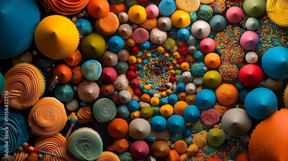 Vibrant spiral arrangement of colorful cupcakes displayed on a mirrored surface creating a mesmerizing visual reflection and abstract design Vibrant spiral arrangement of colorful cupcakes displayed on a mirrored surface creating a mesmerizing visual reflection and abstract design